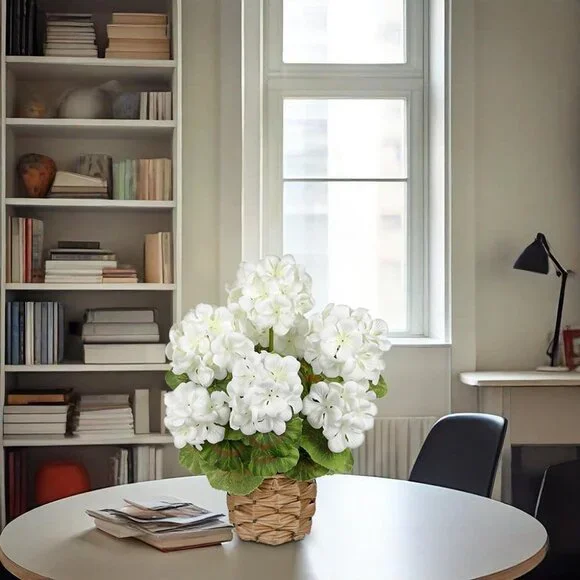 Artificial Flower White Basket Plant Potted Silk Realistic Lush Home Table Decor - Picture 4 of 6